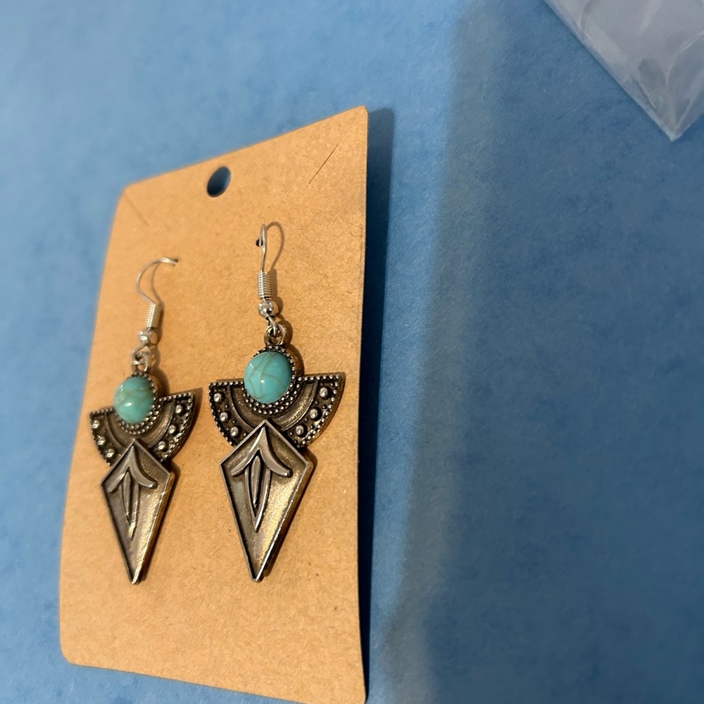 Silver and Blue Geometric Dangle Earrings - Picture 2 of 3